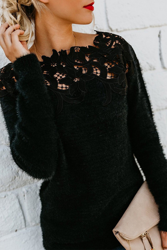 Women's Lace Hollowed Out Long Sleeve Sweater – Elegant Casual Top for Spring and Autumn 1