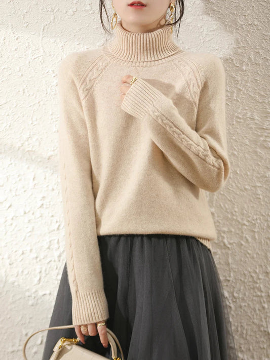 Women's Beige Knit Long Sleeve Roll Neck Sweater - Casual Comfort for Fall/Winter 1