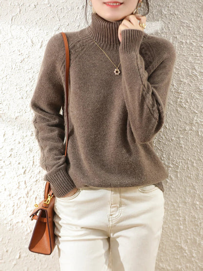 Women's Beige Knit Long Sleeve Roll Neck Sweater - Casual Comfort for Fall/Winter 11
