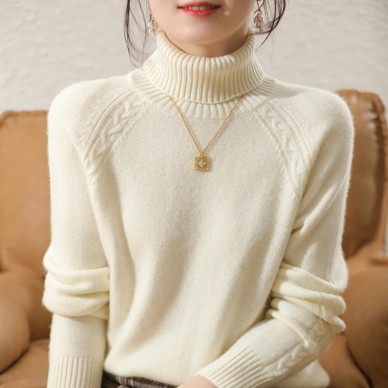 Women's Beige Knit Long Sleeve Roll Neck Sweater - Casual Comfort for Fall/Winter 3