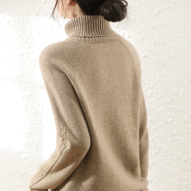 Women's Beige Knit Long Sleeve Roll Neck Sweater - Casual Comfort for Fall/Winter 6