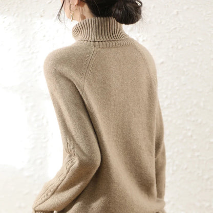 Women's Beige Knit Long Sleeve Roll Neck Sweater - Casual Comfort for Fall/Winter 6