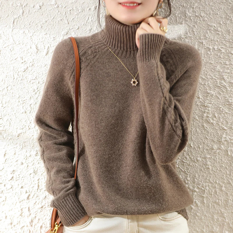 Women's Beige Knit Long Sleeve Roll Neck Sweater - Casual Comfort for Fall/Winter 7
