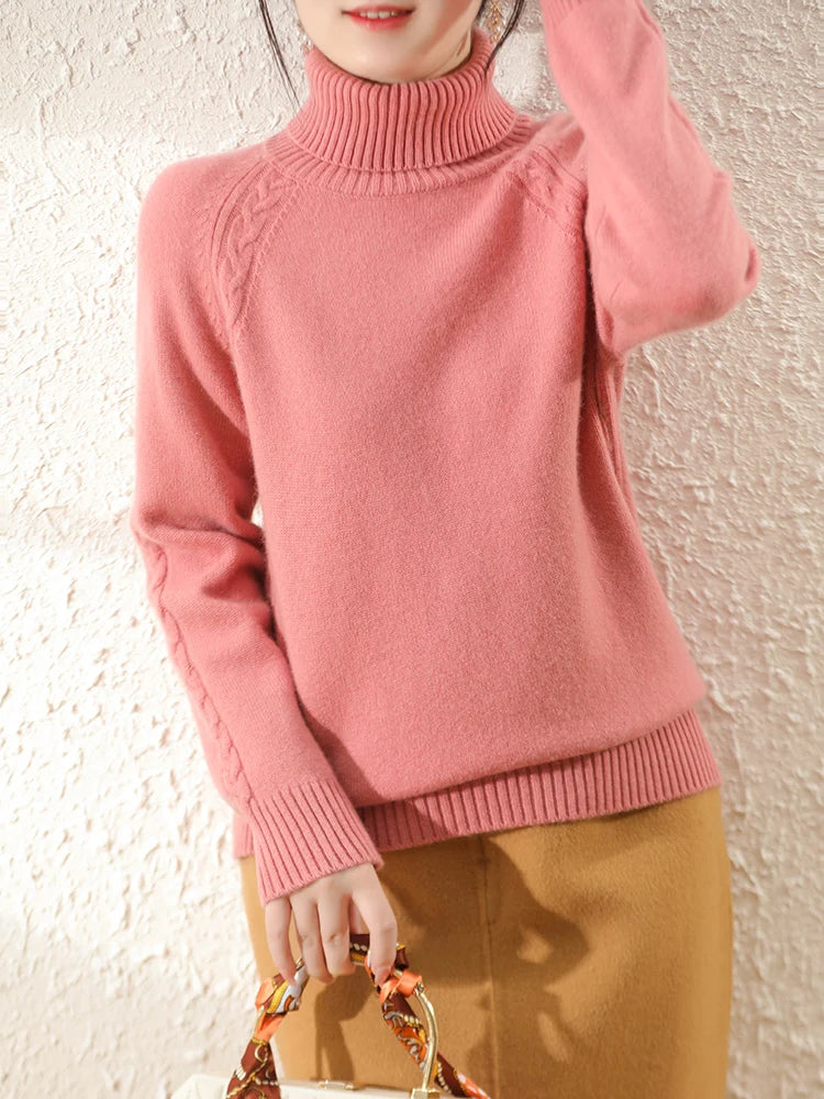 Women's Beige Knit Long Sleeve Roll Neck Sweater - Casual Comfort for Fall/Winter 9