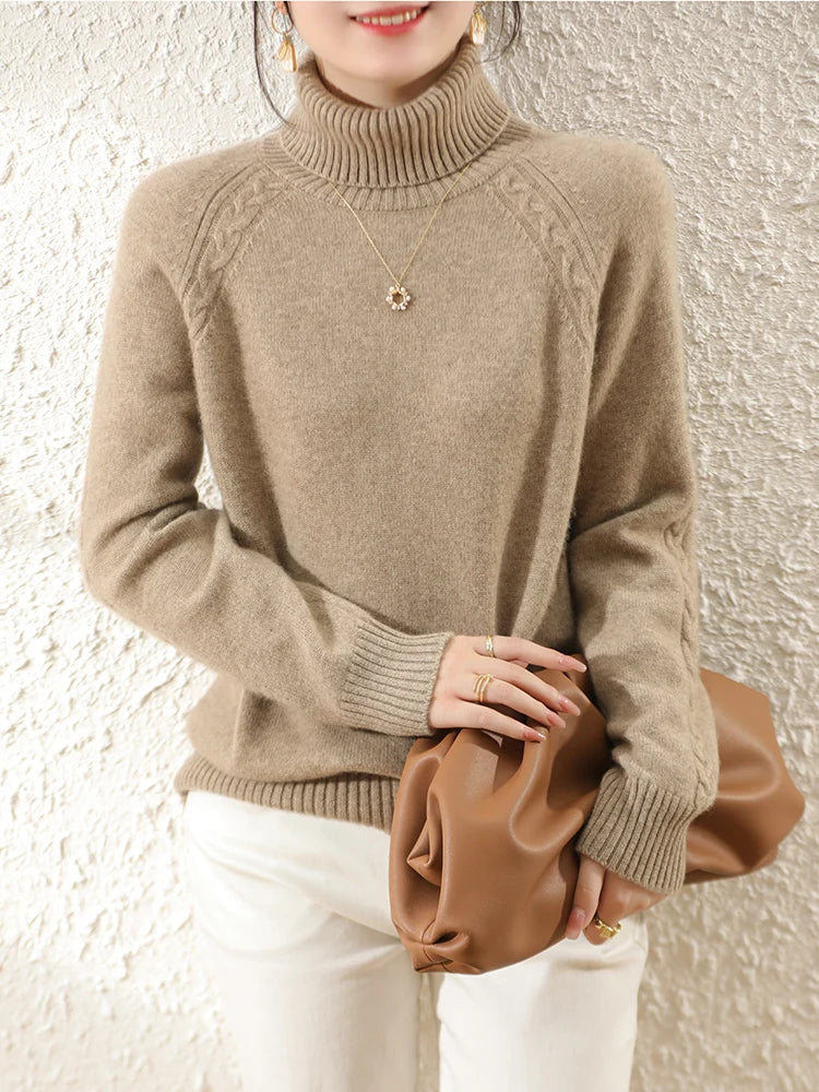 Women's Beige Knit Long Sleeve Roll Neck Sweater - Casual Comfort for Fall/Winter 10