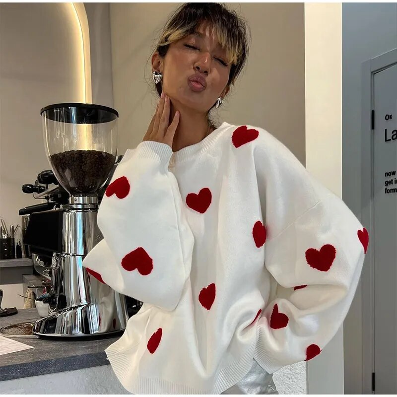 Women's Oversized Sweater with Heart Print - Soft Cotton Blend Casual Wear 1