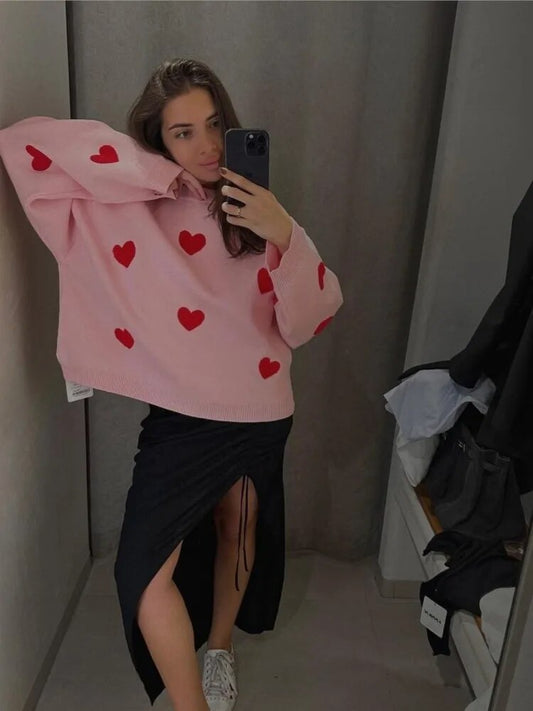 Women's Oversized Sweater with Heart Print - Soft Cotton Blend Casual Wear 2