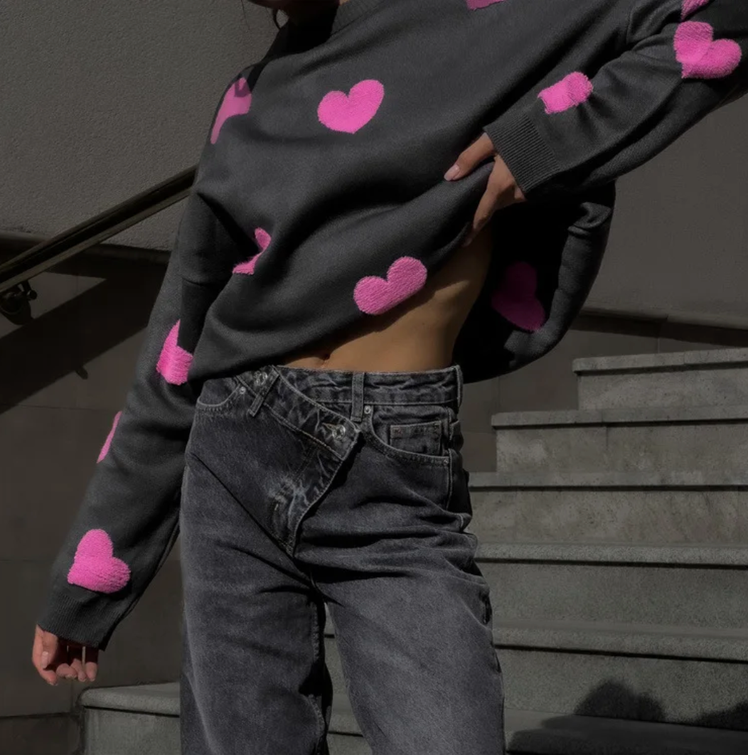 Women's Oversized Sweater with Heart Print - Soft Cotton Blend Casual Wear 5