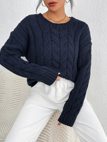 Cozy Navy Blue Twisted Pullover Sweater for Women - Relaxed Fit, Winter Wear 1