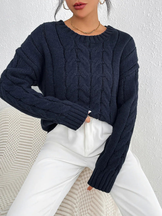 Cozy Navy Blue Twisted Pullover Sweater for Women - Relaxed Fit, Winter Wear 1
