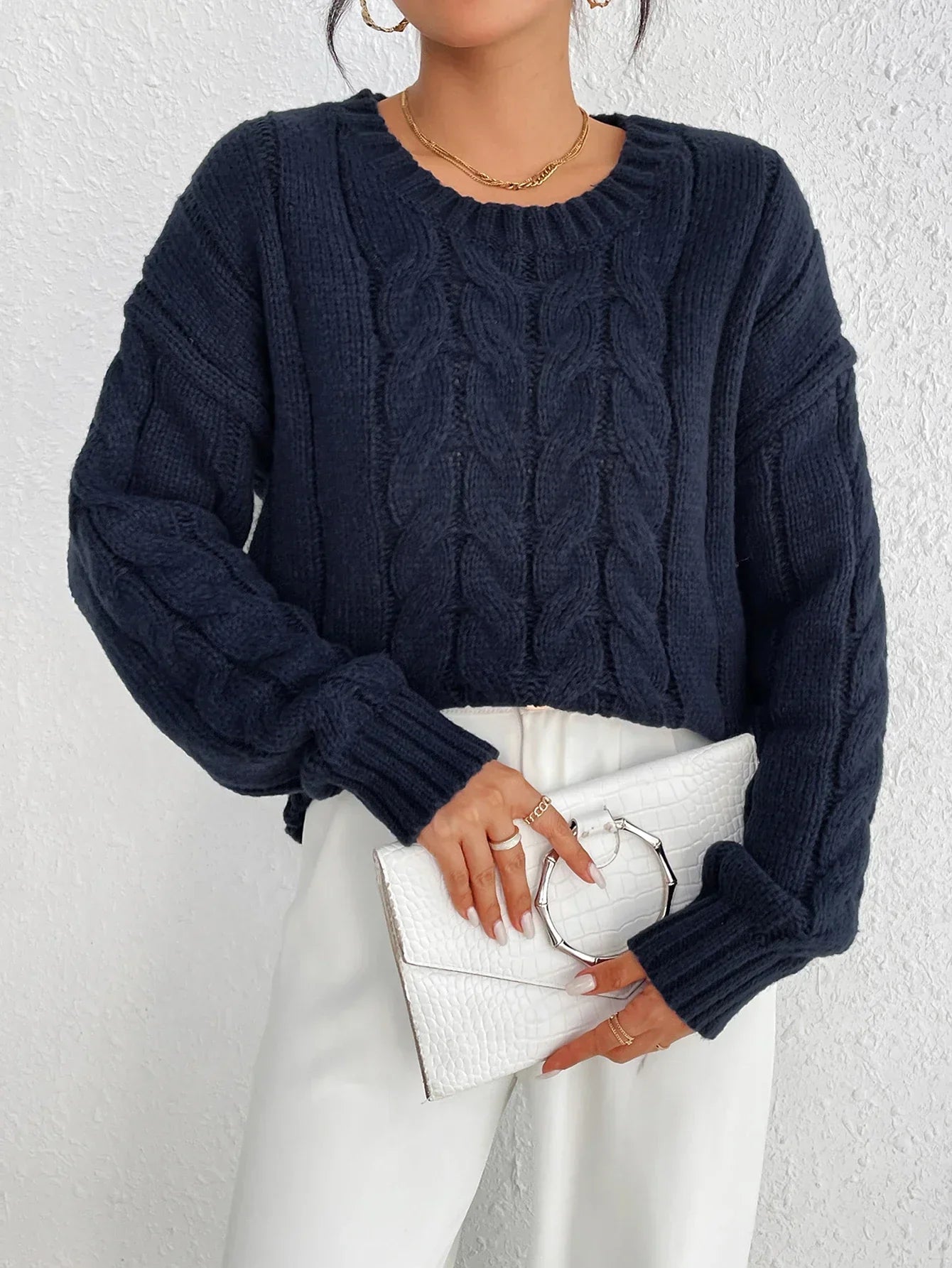 Cozy Navy Blue Twisted Pullover Sweater for Women - Relaxed Fit, Winter Wear 2