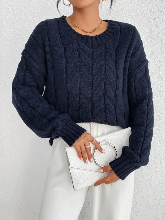 Cozy Navy Blue Twisted Pullover Sweater for Women - Relaxed Fit, Winter Wear 2