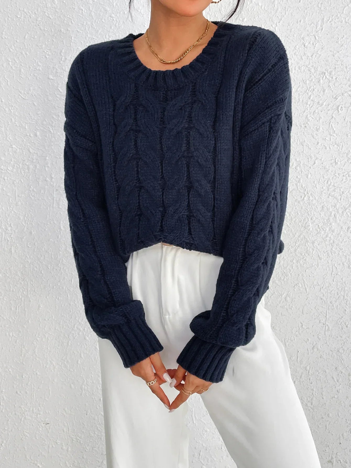 Cozy Navy Blue Twisted Pullover Sweater for Women - Relaxed Fit, Winter Wear 3