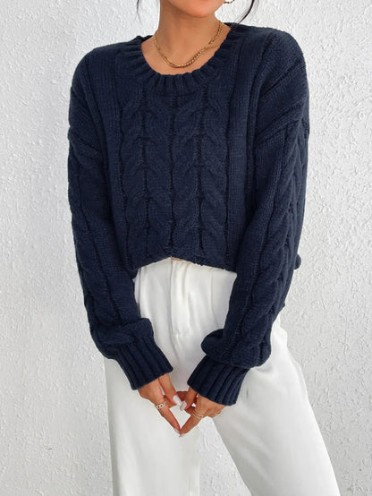 Cozy Navy Blue Twisted Pullover Sweater for Women - Relaxed Fit, Winter Wear 3