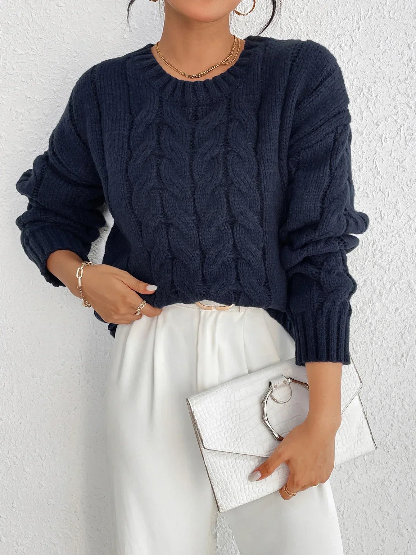 Cozy Navy Blue Twisted Pullover Sweater for Women - Relaxed Fit, Winter Wear 4