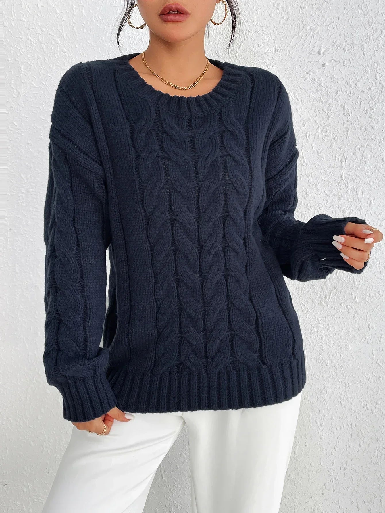 Cozy Navy Blue Twisted Pullover Sweater for Women - Relaxed Fit, Winter Wear 5
