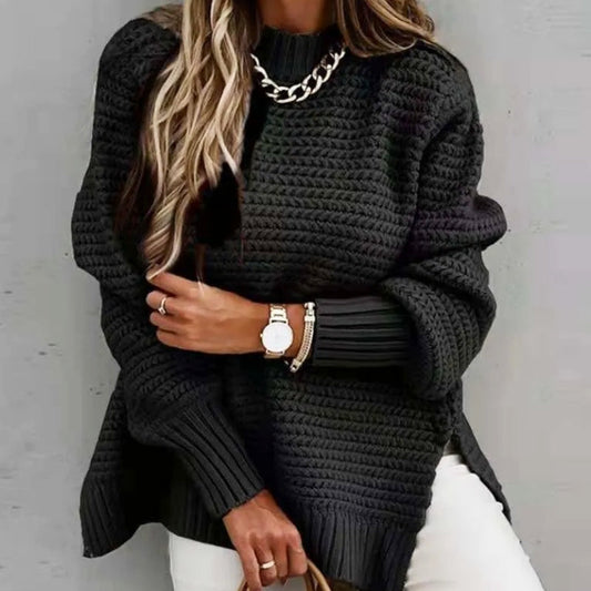 Women's Mock Neck Sweater in Gray - Long Sleeve Polyester Blend for Fall and Winter 2