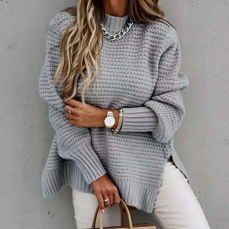 Women's Mock Neck Sweater in Gray - Long Sleeve Polyester Blend for Fall and Winter 4