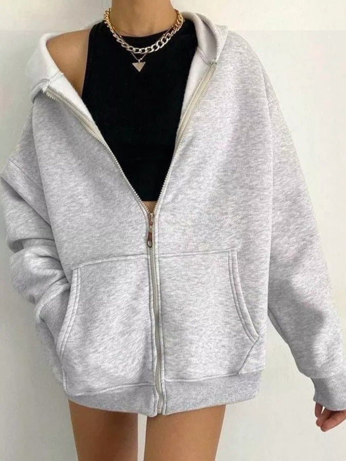 Women's Oversized Hoodie Gray Cotton with Zipper and Pockets - 1