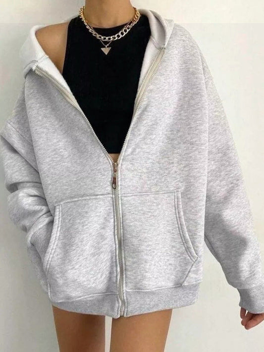 Women's Oversized Hoodie Gray Cotton with Zipper and Pockets - 1