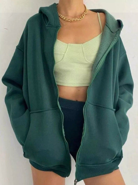 Women's Oversized Hoodie Gray Cotton with Zipper and Pockets - 2