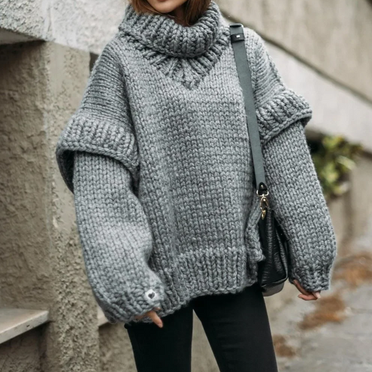 Womens Oversized Turtleneck Sweater in Grey – Long Sleeve Cozy Polyester Top 1