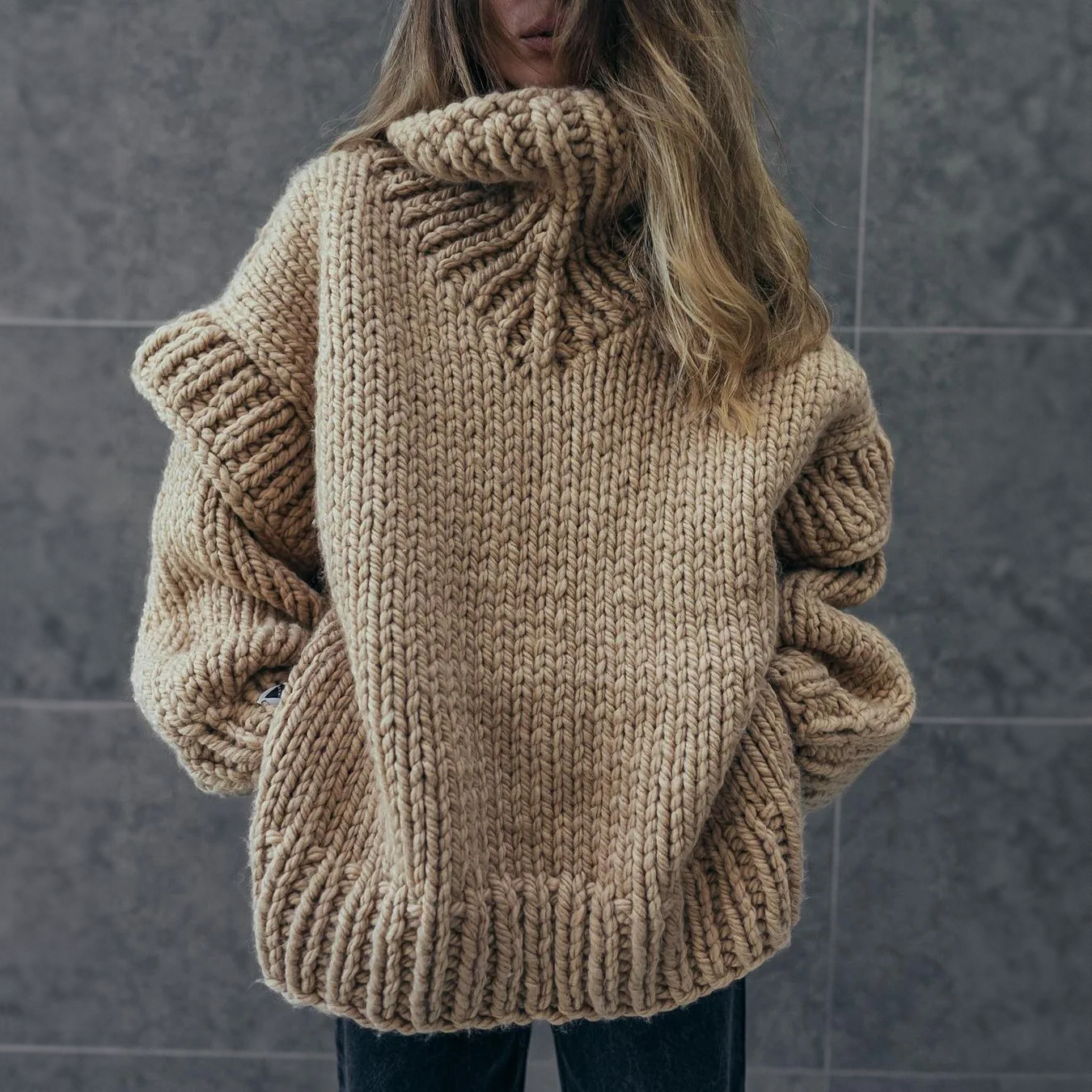 Womens Oversized Turtleneck Sweater in Grey – Long Sleeve Cozy Polyester Top 2