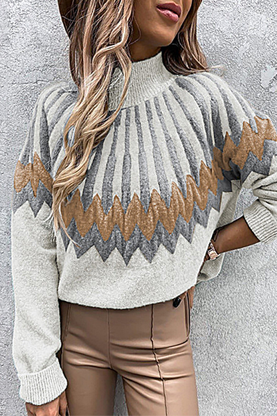 Women's Sweater with Trendy Collar and Unique Print - Cozy Polyester Pullover 1