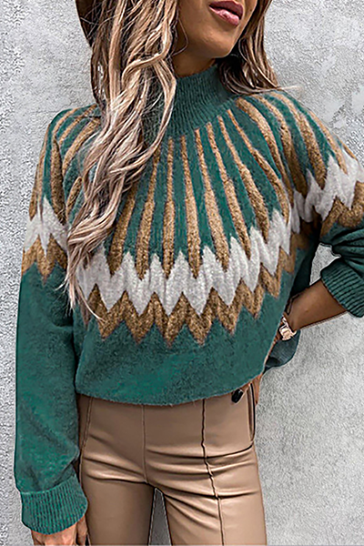 Women's Sweater with Trendy Collar and Unique Print - Cozy Polyester Pullover 3