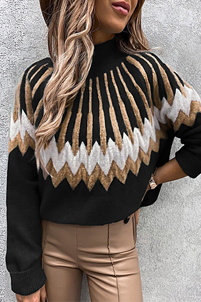 Women's Sweater with Trendy Collar and Unique Print - Cozy Polyester Pullover 4
