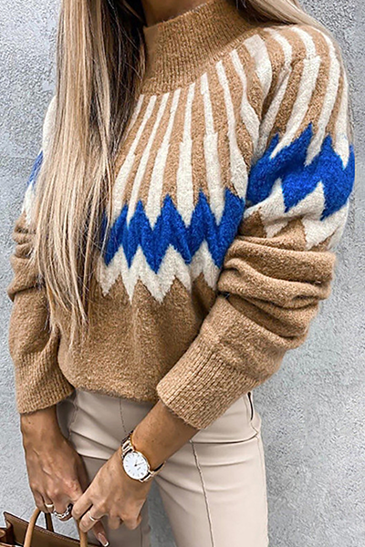 Women's Sweater with Trendy Collar and Unique Print - Cozy Polyester Pullover 6