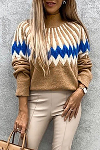 Women's Sweater with Trendy Collar and Unique Print - Cozy Polyester Pullover 7