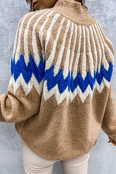 Women's Sweater with Trendy Collar and Unique Print - Cozy Polyester Pullover 8