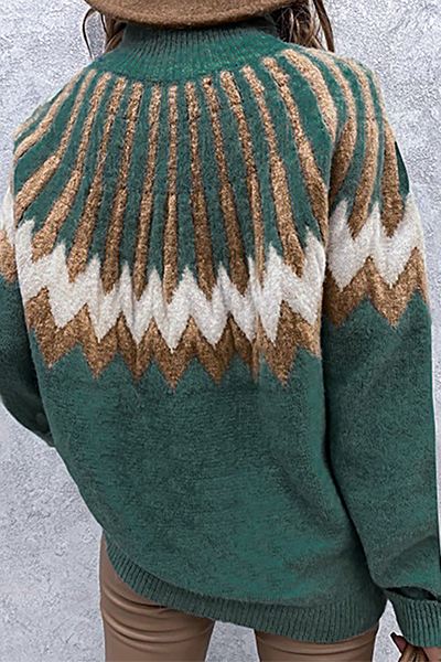Women's Sweater with Trendy Collar and Unique Print - Cozy Polyester Pullover 9