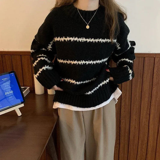 Women's Striped Knit Sweater, Casual Round Neck Design for All Seasons 1
