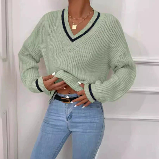 Women's Striped V-Neck Sweater in Beige, Gray, Pink, White – Chic and Comfortable 1