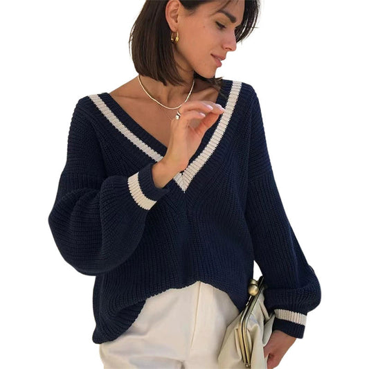Women's Striped V-Neck Sweater in Beige, Gray, Pink, White – Chic and Comfortable 2