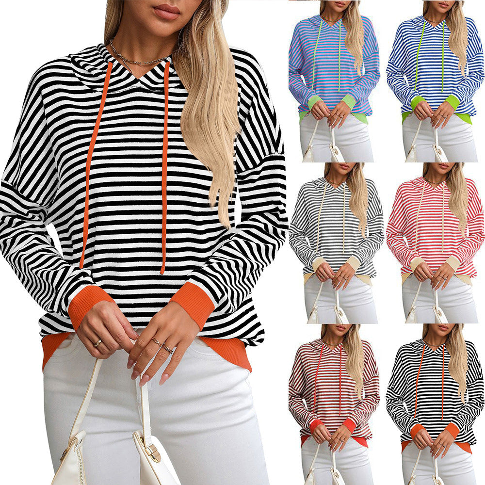 Women's Hoodie Striped Relaxed Fit Cotton with Adjustable Hood - 2