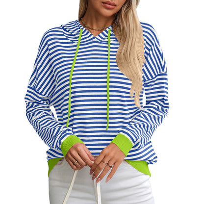 Women's Hoodie Striped Relaxed Fit Cotton with Adjustable Hood - 3