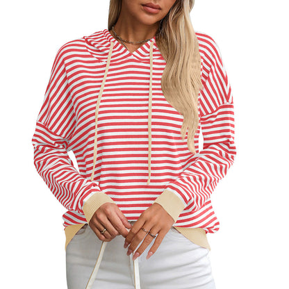Women's Hoodie Striped Relaxed Fit Cotton with Adjustable Hood - 8