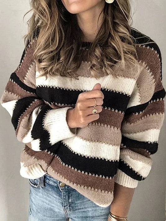 Women's Striped Knitted Sweater - Casual Loose Fit, Medium Length, Acrylic Fabric 1