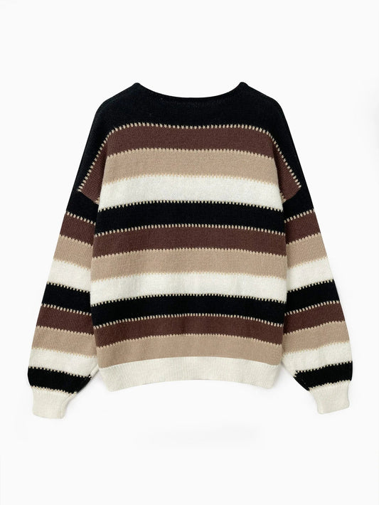 Women's Striped Knitted Sweater - Casual Loose Fit, Medium Length, Acrylic Fabric 2