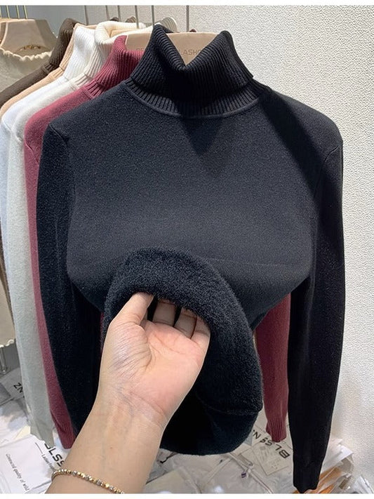 Women's Black Turtleneck Velvet Sweater - Slim Fit Cozy Winter Top 1