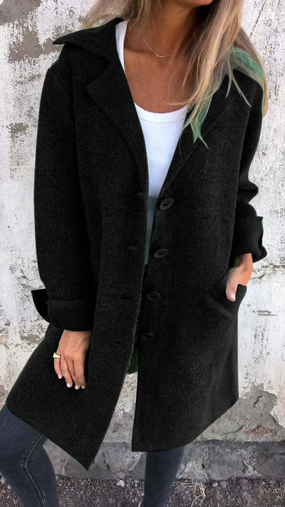 Women's Wool Coat Black Lapel Collar Elegant Winter Outerwear - 8