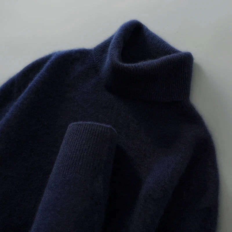 Men's Ribbed-Trim Turtleneck Sweater in Navy Blue – product view | Hensley London