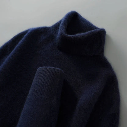 Men's Ribbed-Trim Turtleneck Sweater in Navy Blue – product view | Hensley London