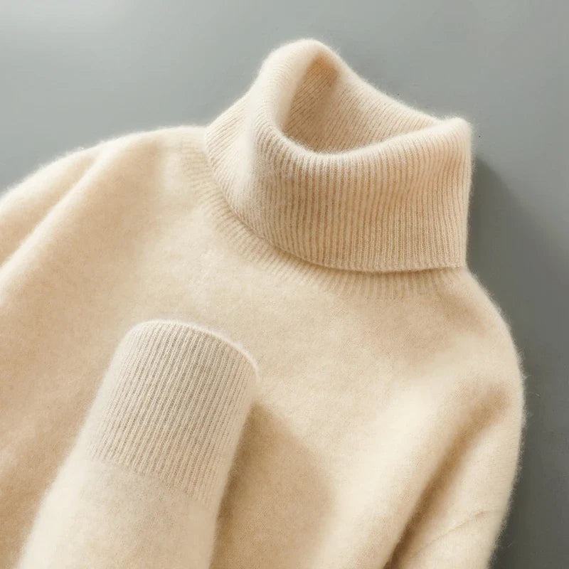 Men's Ribbed-Trim Turtleneck Sweater in Beige – product view | Hensley London
