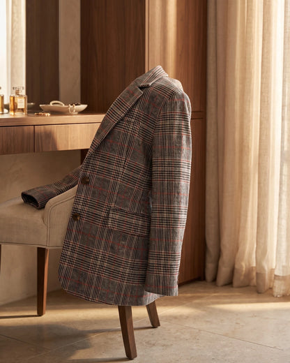 Women's Glen-Plaid Notched-Lapel Blazer in Brown Red Plaid – product view | Hensley London