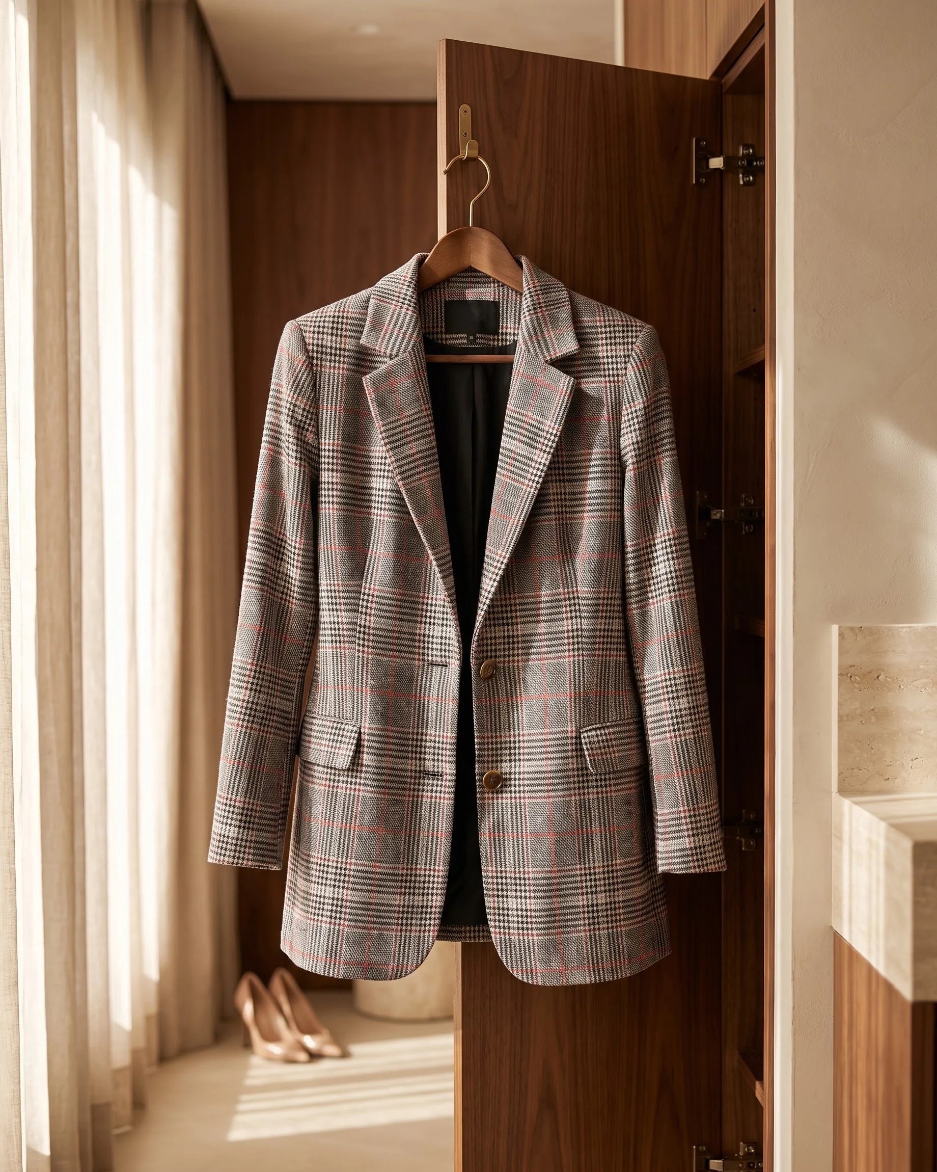 Women's Glen-Plaid Notched-Lapel Blazer in Brown Red Plaid – additional view | Hensley London