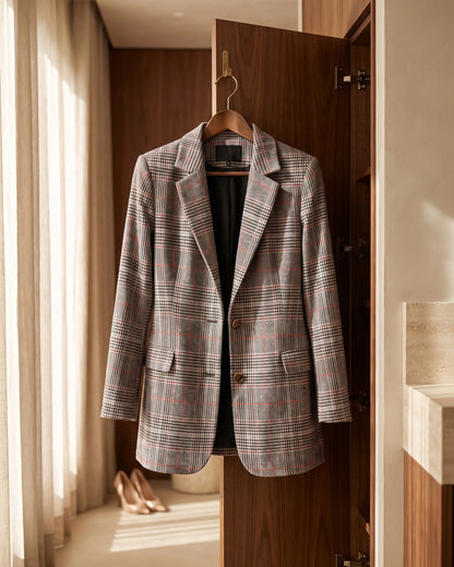 Women's Glen-Plaid Notched-Lapel Blazer in Brown Red Plaid – additional view | Hensley London